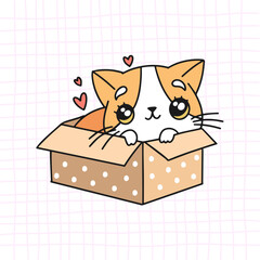 Kawaii cat in box. Vector illustration kitten. Cute cat. Kawaii animal