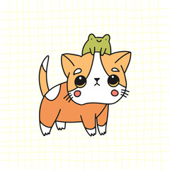 Kawaii cat and frog. Vector illustration of a kitten. Cute cat.