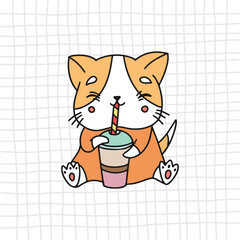 Kawaii cat with a cocktail. Vector illustration of a kitten. Cute cat. Cold coffee