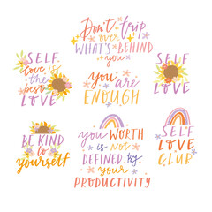 Set of lettering self love. Motivational quotes. Inspirational lettering. Vector lettering mental health. Your are enough.
