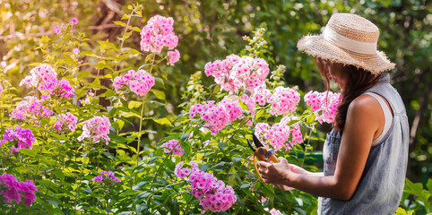 A beautiful young gardener girl in a straw hat is pruning phlox flowers in the garden with pruners....