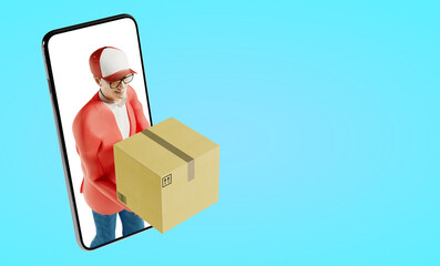 3D rendering of delivery man with male box in big phone logistic app.