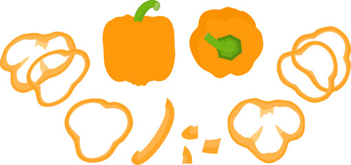 Bulgarian pepper, paprika, bell pepper. Whole, half, cut ​​and sliced ​​peppers. Sliced ​​pepper slices. Whole and slices. Vegetable rings, seasoning for cooking. Vector illustration isolated