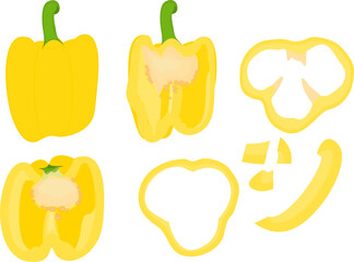 Bulgarian pepper, paprika, bell pepper. Whole, half, cut ​​and sliced ​​peppers. Sliced ​​pepper slices. Whole and slices. Vegetable rings, seasoning for cooking. Vector illustration isolated