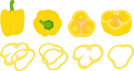 Bulgarian pepper, paprika, bell pepper. Whole, half, cut ​​and sliced ​​peppers. Sliced ​​pepper slices. Whole and slices. Vegetable rings, seasoning for cooking. Vector illustration isolated