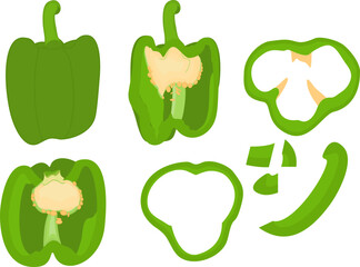 Bulgarian pepper, paprika, bell pepper. Whole, half, cut ​​and sliced ​​peppers. Sliced ​​pepper slices. Whole and slices. Vegetable rings, seasoning for cooking. Vector illustration isolated