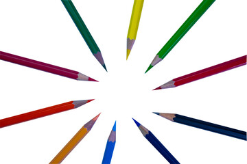 circle colored pencils Isolated on white background close-up. Beautiful colored pencils. Colored pencils for drawing