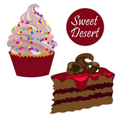 set of sponge cake with whipped cream and sprinkles, as well as a piece of chocolate cake with chocolate slices and raspberry syrup. vector. sweet dessert.