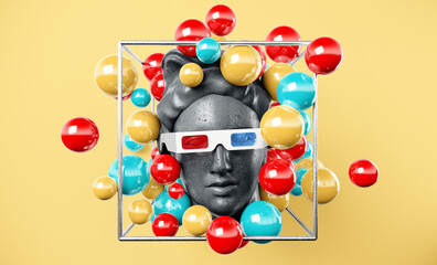 Apollo gypsum head retro wave synth background cyberpunk concept.