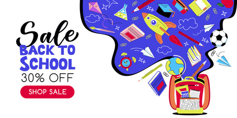Back to school sale banner. School backpack on liquid background with flying rocket, books, pencils. Vector illustration