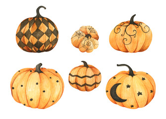 Hand drawn autumn festive halloween collection. Set of orange pumpkin. Thanksgiving decor. Isolated on white background. Holiday greeting card. Watercolor illustration.