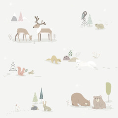 Scandinavian animal pattern for baby fabric wallpaper cartoon wild character deer bear rabbit winter background design