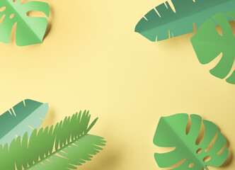 Fototapeta na wymiar Paper cut palm leafs tropical design hawaii wedding art background.
