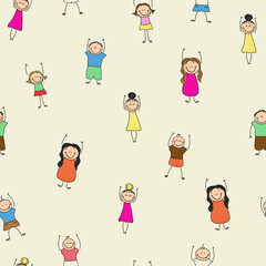 Kids seamless pattern. Childish pattern of happy children with hands up. Packaging design, textiles, bedding, prints and wallpapers.