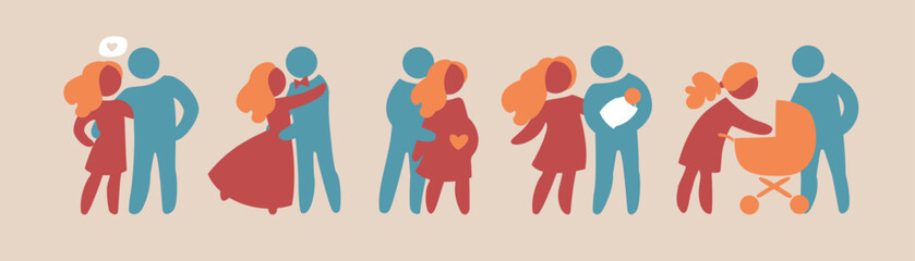 Happy family icon multicolored in simple figures set. Part 1. Couple and pregnancy. Dad, mom and little baby stand together. Parents and stroller. Vectors can be used as logotype or cutting
