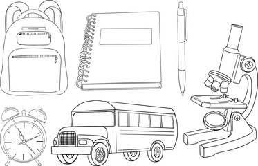 School bus, microscope, notebook, pens, alarm clock, backpack. Vector illustration about back to school. Coloring page with school supplies. Vector illustration