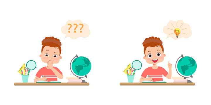 Cute little kid do homework and find the answer. Vector cartoon colorful flat illustration	