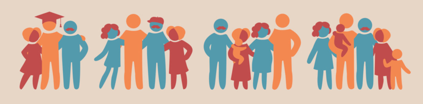 Happy family icon multicolored in simple figures set. Part 3. Dad, mom and ltheir adult baby stand together. Parents become grandparents. Family and children. Vectors can be used as logotype