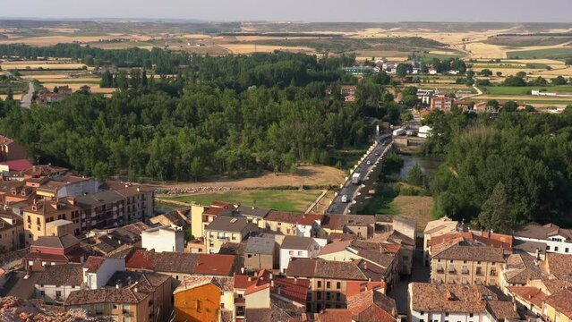 Aerial view of the Roman bridge that crosses the Douro River as it passes through San Esteban de Gormaz, Soria.
