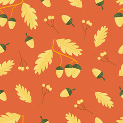 Obraz premium Seamless print of leaves of birch, oak, chestnut, berries. Autumn cozy background for text, printing on fabric, office, wallpaper, paper scrapbooking. Vector illustration with botanical elements.