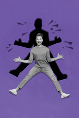 Fototapeta na wymiar Vertical collage picture of excited cheerful guy black white colors jumping have fun painted shadow isolated on purple background