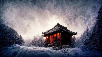 Asian Japanse Fantasy Style Ninja Hideout in Snowy Landscape Illustration of remote cottage during harsh and snowy weather