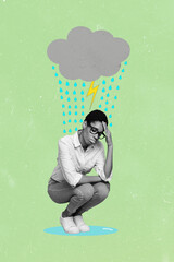 Photo cartoon comics sketch picture of unhappy person sitting under rainy cloud isolated green...
