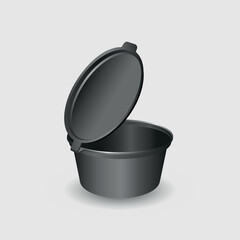 Realistic 3d detailed black sauce container with lid isolated on white background. Vector illustration of plastic packaging or cup