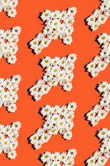 white arrow of flowers. bright red background