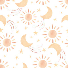 Boho watercolor pattern with sun and moon. Vector illustration