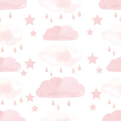 Watercolor pink rainy clouds pattern with stars. Vector illustration