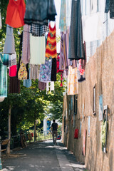 Old vibrant laundry on historic tourist street of upper town Zagreb, Croatia