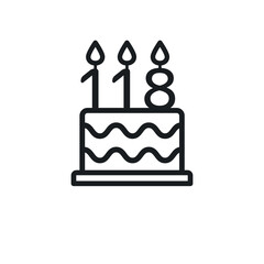 Birthday cake line icon with candle number 118 (one hundred and eighteen). Vector.