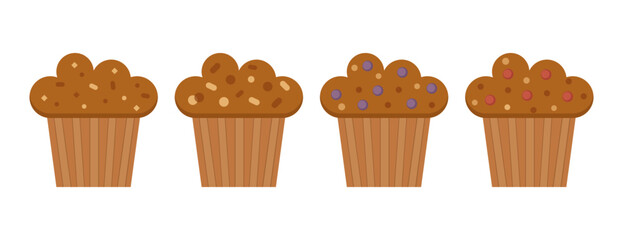 Set of muffins color vector icons with chocolate and berry. Flat cupcakes illustration. Cake desserts design.