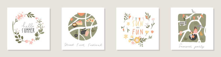 Collection of square summer cards with handwritten lettering, summer people and seasonal decorations - leaves, flowers, flags, food, fruit elements. Flat colored vector illustration