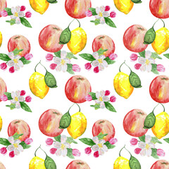 Seamless pattern with delicate flowers, green leaves, lemon and apple. Watercolor background of flowers and fruits for textiles, wallpaper, packaging, office and bed linen.