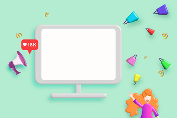 Orange haired woman shopping intent with many brightly colored shopping bags speakers inviting them to like toasting. with laptop online  online e-commerce marketplace concept with green background