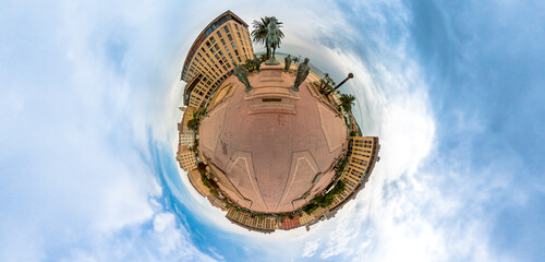 Aerial 360 panorama tiny planet of Place De Gaulle square with the Monument to Napoleon and His...
