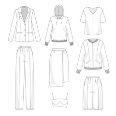 Vector set of women's clothing.
Graphic images of clothing items isolated on a white background.