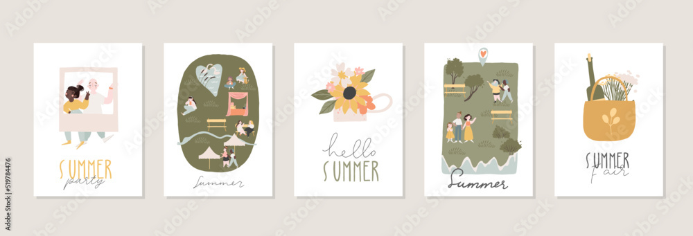 Wall mural collection of a4 summer cards with handwritten lettering, summer people and seasonal decorations - l