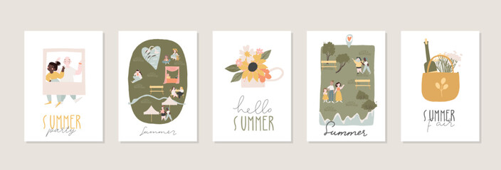 Collection of A4 summer cards with handwritten lettering, summer people and seasonal decorations - leaves, flowers, flags, food, fruit elements. Flat colored vector illustration