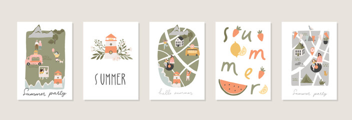 Fototapeta na wymiar Collection of A4 summer cards with handwritten lettering, summer people and seasonal decorations - leaves, flowers, flags, food, fruit elements. Flat colored vector illustration