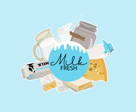 Fresh dairy products, milk, cottage cheese, yogurt and butter. Logo design