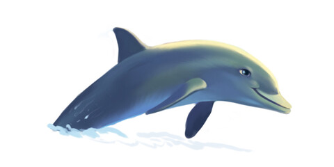 Blue dolphin splashing in the waves of the sea.
