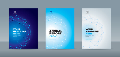 Fototapeta na wymiar Abstrac net trianggle polygon globe on blue cyan and white backgound A4 size book cover template for annual report, magazine, booklet, proposal, portofolio, brochure, poster