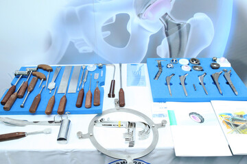 Exhibition of orthopedic instruments. A unique and sophisticated instrument for performing surgical procedures on human joints. Steel tools.