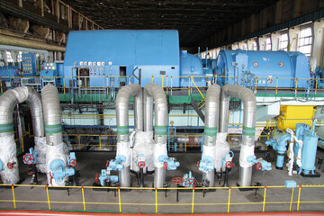 CHP. Huge production of heat generation for the population. Heat electro center. Large-scale enterprise with wires and turbines.