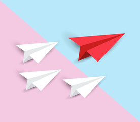 Airplane flying on paper. Business concept of team leadership. Paper plane Changing, innovation and unique way. Vector illustration.