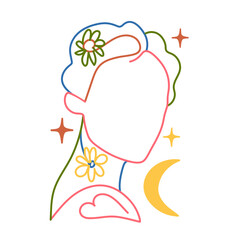 Colored outline vector illustration woman head, stars and flowers. Inspirational nature lover print design, beauty concept art, modern female abstract