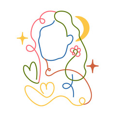 Colored outline vector illustration woman portrait, moon, stars and flowers. Beauty fashion female print design, girl linear logo or icon boho concept art